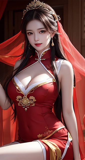 AI绘画 古风美女 红色衣服 3D AI 精致少女